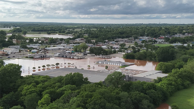 This drone image shows flooding in Purcell, Oklahoma, on Wednesday, April 30, 2025.