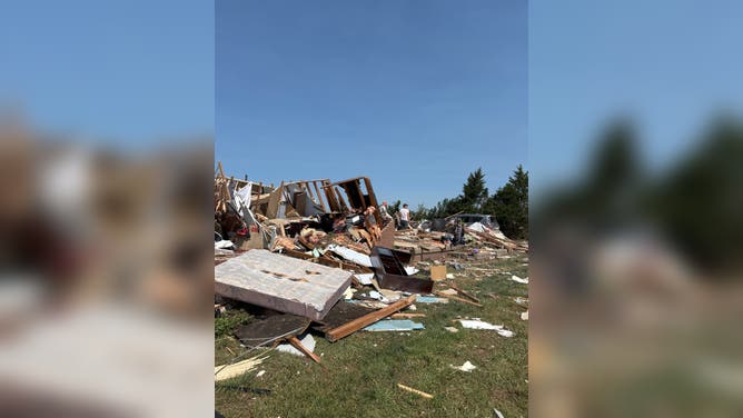 Damage in Plevna, Kansas after a nighttime EF-3 tornado devastated the small city.