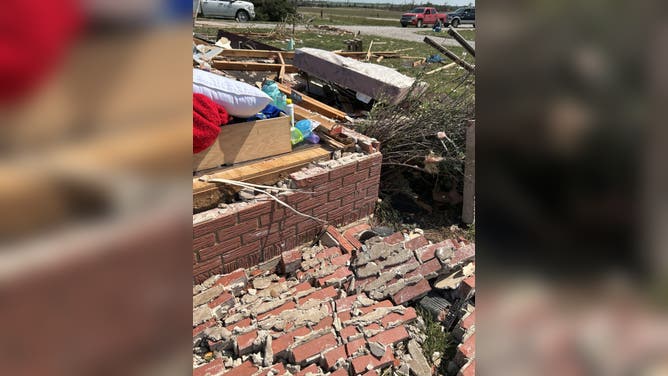 Damage in Plevna, Kansas after a nighttime EF-3 tornado devastated the small city.