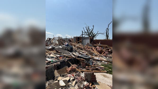 Damage in Plevna, Kansas after a nighttime EF-3 tornado devastated the small city.