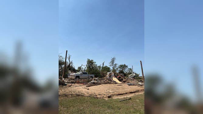 Damage in Plevna, Kansas after a nighttime EF-3 tornado devastated the small city.