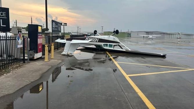 Wind from severe storms flipped planes Thursday evening, May 22, 2025 at the San Marcos regional airport in Texas.
