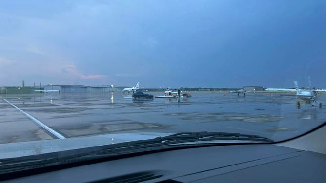 Wind from severe storms flipped planes Thursday evening, May 22, 2025 at the San Marcos regional airport in Texas.
