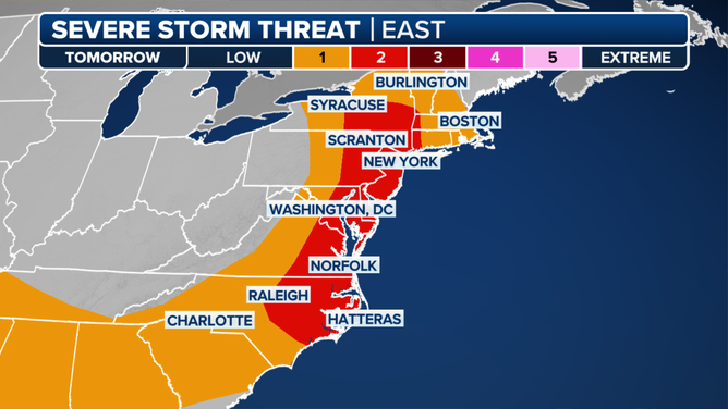 This graphic shows the severe storm threat for Saturday, May 17, 2025.