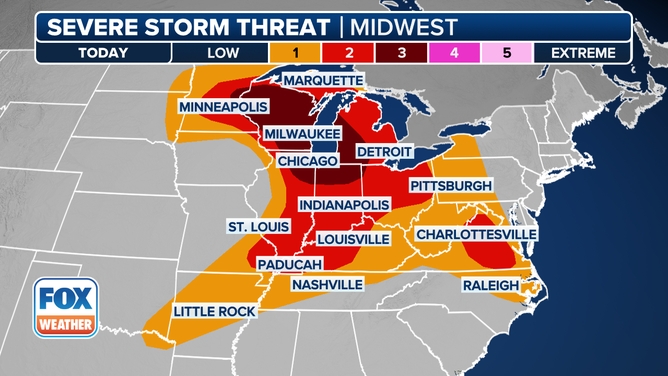 This graphic shows the severe weather threat on Thursday, May 15, 2025.