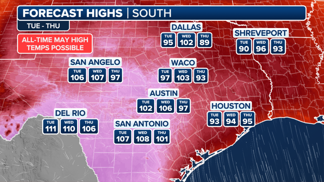 This graphic shows the potential heat wave for the South beginning Tuesday, May 13, 2025.