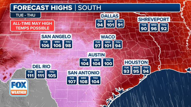 This graphic shows the forecast high temperatures in Texas on Tuesday, May 13, Wednesday, May 14 and Thursday, May 15, 2025.