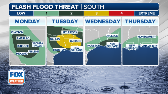 This graphic shows the flash flood threat in the South and along the Gulf Coast through Thursday, May 8, 2025.