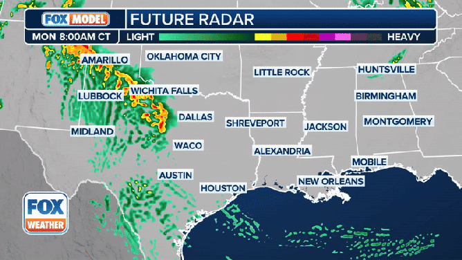 The exclusive FOX Weather Futuretrack shows heavy rain and thunderstorms moving into the southern Plains and along the Gulf Coast this week.