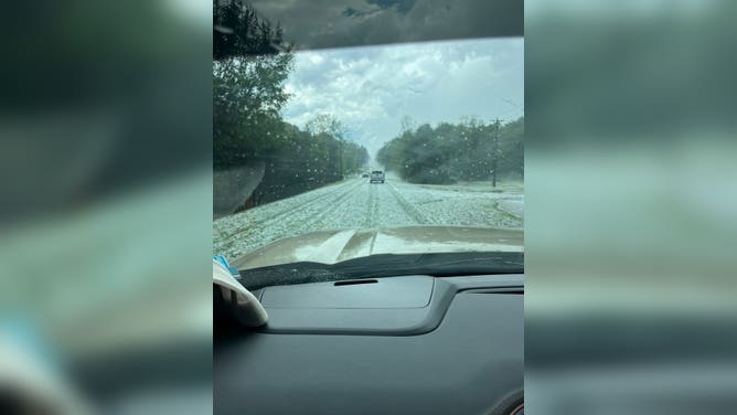 Hail along Highway 82 near Starkville, MS Thursday, May 8, 2025.