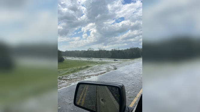 Hail along Highway 82 near Starkville, MS Thursday, May 8, 2025.