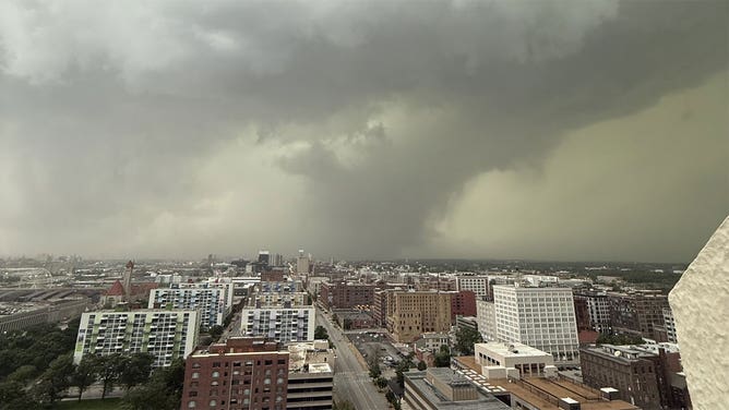 An ominous cloud formation is seen in the St. Louis metro as a tornado-warned storm moved through the city May 16, 2025.