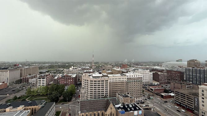 An ominous cloud formation is seen in the St. Louis metro as a tornado-warned storm moved through the city May 16, 2025.