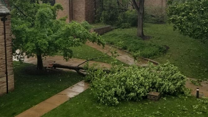 Storm damage is seen in Clayton, Missouri, near St. Louis, on May 16, 2025.