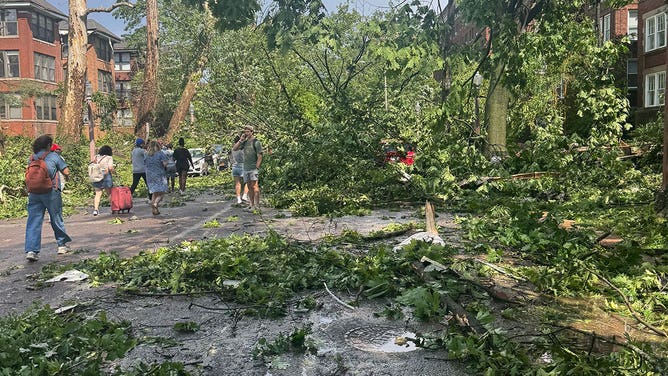 Storm damage is seen in the Forest Park neighborhood of St. Louis, Missouri, on May 16, 2025.