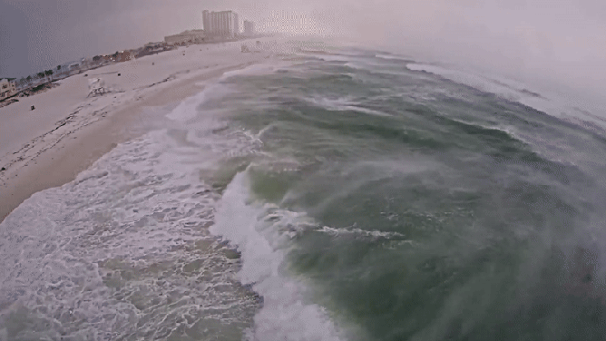 This animated image shows a waterspout coming ashore in Pensacola Beach, Florida, on Saturday, May 10, 2025.