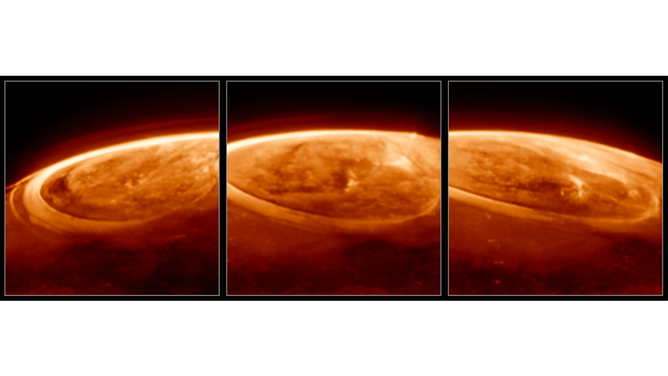 These observations of Jupiter’s auroras, taken at a wavelength of 3.36 microns (F335M) were captured with Webb’s NIRCam (Near-Infrared Camera) on Dec. 25, 2023. Scientists found that the emission from trihydrogen cation, known as H3+, is far more variable than previously believed. H3+ is created by the impact of high energy electrons on molecular hydrogen. Because this emission shines brightly in the infrared, Webb’s instruments are well equipped to observe it.