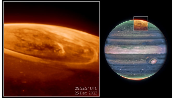 These observations of Jupiter’s auroras (shown on the left of the above image) at 3.36 microns (F335M) were captured with NASA's James Webb Space Telescope’s NIRCam (Near-Infrared Camera) on Dec. 25, 2023.