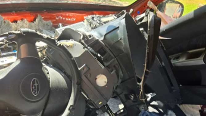 The damages to Amanda Wells' Subaru after a bear entered the vehicle in Forest Ranch, California.