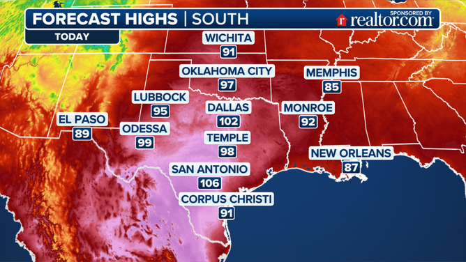 This graphic shows the expected high temperatures for the South on Thursday, May 15, 2025.