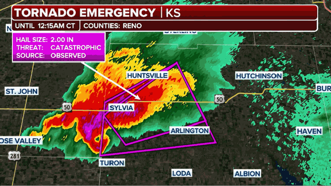 This animated image shows a radar loop during a Tornado Emergency in Kansas on Monday, May 19, 2025.