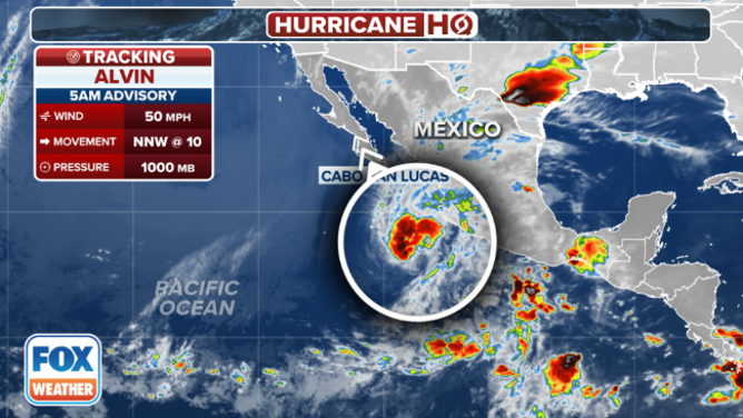 Information and location on Tropical Storm Alvin in the Eastern Pacific Ocean.