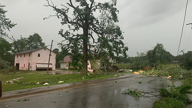 Damage is seen in Washington County, Arkansas, after severe weather and tornadoes on Monday, May 19, 2025.