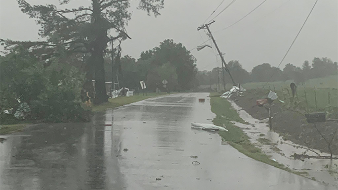 Damage is seen in Washington County, Arkansas, after severe weather and tornadoes on Monday, May 19, 2025.
