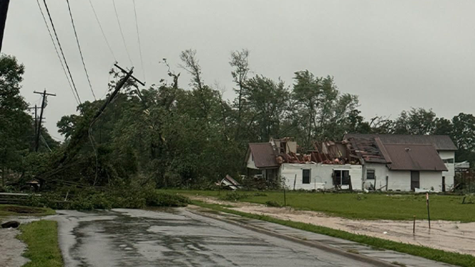 Damage is seen in Washington County, Arkansas, after severe weather and tornadoes on Monday, May 19, 2025.
