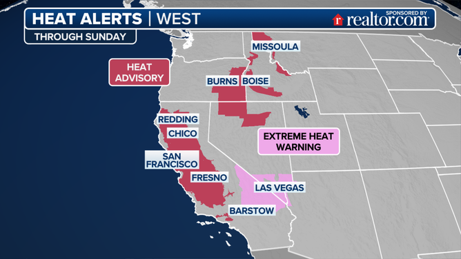 This graphic shows heat alerts for the West through Sunday, June 2, 2025.