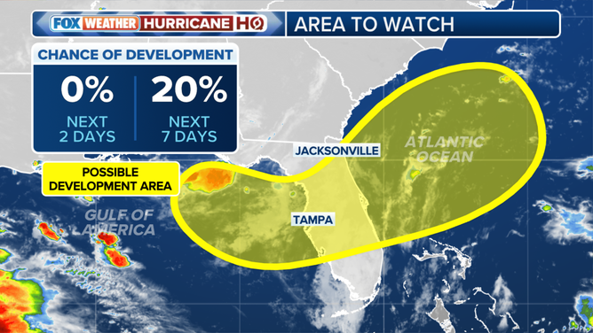 This graphic shows information on an area to watch for possible tropical development in the Gulf or off the southeastern coast of the U.S. later this week.