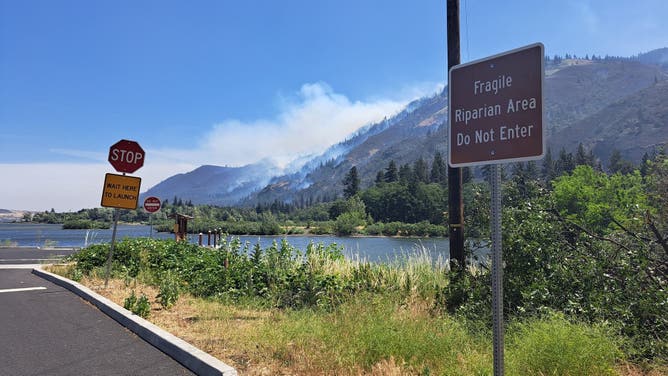 Smoke from the Rowena Fire is spotted in the distance.