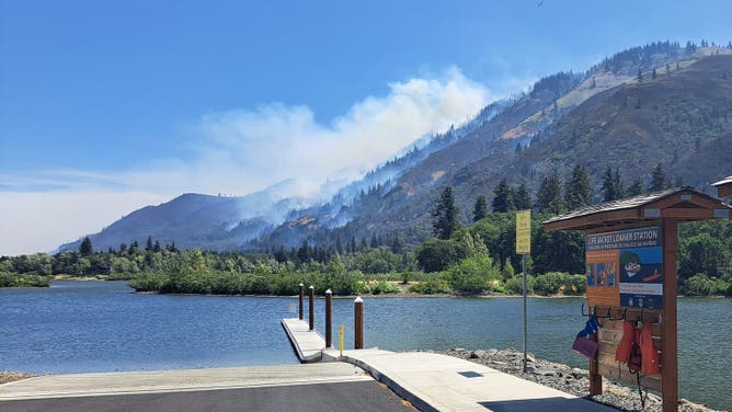 Smoke from the Rowena Fire is spotted in the distance.