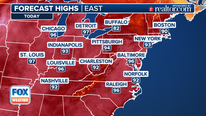 This graphic shows the forecast high temperatures on Sunday, June 22, 2025.