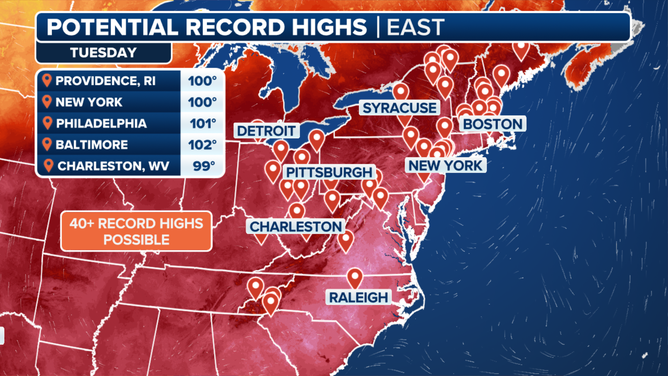 This graphic shows the potential temperature records in jeopardy on Tuesday, June 24.