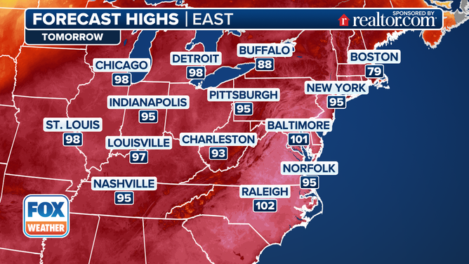 This graphic shows the forecast high temperatures on Monday, June 23, 2025.