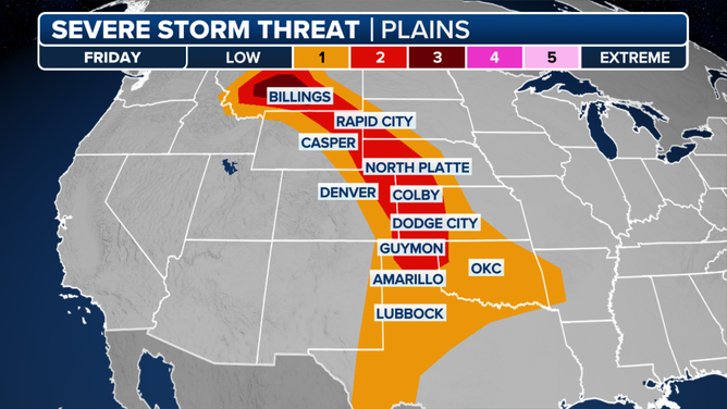 This graphic shows the severe weather threat for Friday, June 13, 2025.