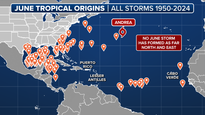 Andrea becomes the furthest east and north a tropical system has formed in the Atlantic in June since records began in 1851 (Note: Only satellite data, which began in 1950, is shown on this graphic.