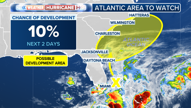 This graphic shows an area to watch for tropical development off the Southeast coast.