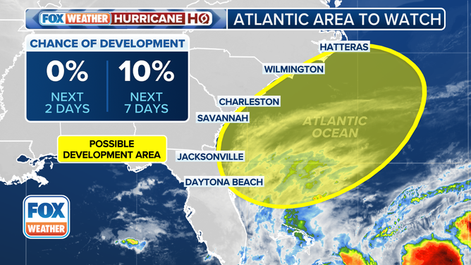 This graphic shows an area to watch for tropical development off the Southeast coast.
