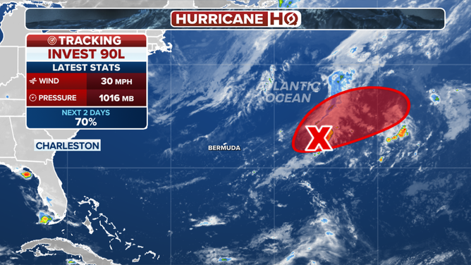 This image shows information on Invest 90L in the central Atlantic Ocean.