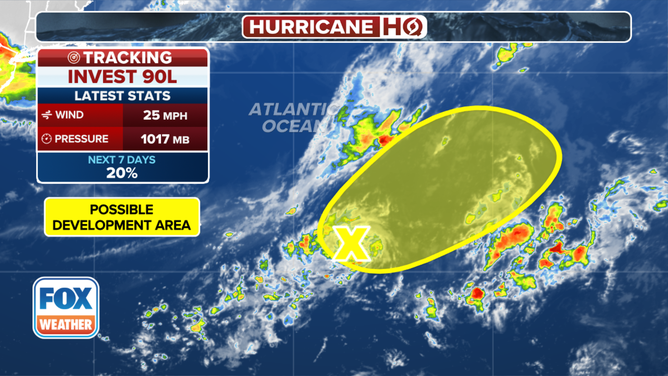 This image shows information on Invest 90L in the central Atlantic Ocean.