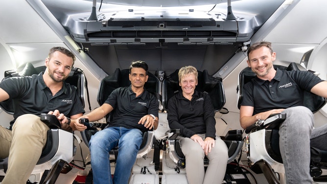 The crew for the Axiom Mission 4 private astronaut mission to the International Space Station. Pilot Shubhanshu Shukla from India, Commander Peggy Whitson from the U.S., and Mission Specialists Sławosz Uzanański-Wiśniewksi from Poland and Tibor Kapu from Hungary.