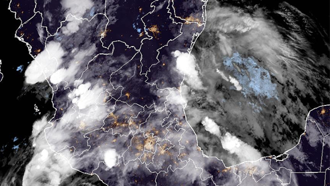 This satellite image shows Tropical Depression Barry on Monday, June 30, 2025.