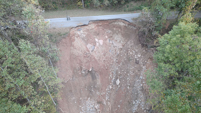 BEFORE: Damage from Helene near Ferrin Knob Tunnel No. 3 on the Blue Ridge Parkway in North Carolina.