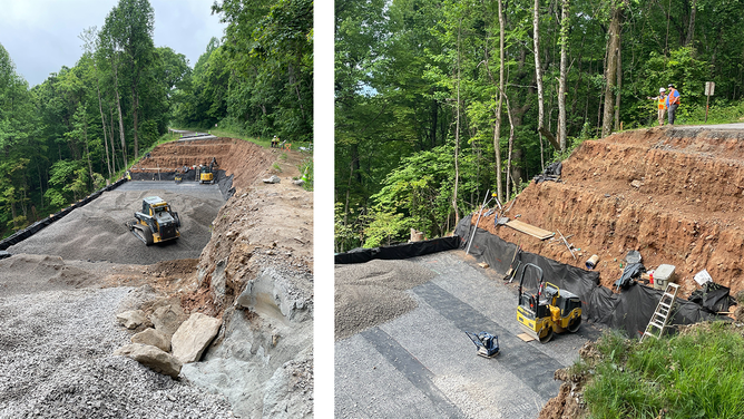 Crews rebuild a mountainside near Ferrin Knob Tunnel No. 3 on the Blue Ridge Parkway in North Carolina.