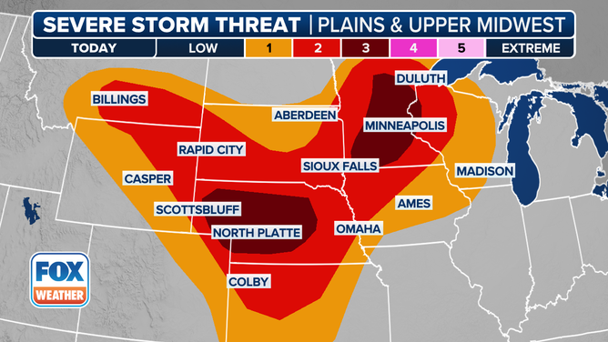 A look at the severe storm threat in the Midwest on Monday, June 16, 2025.