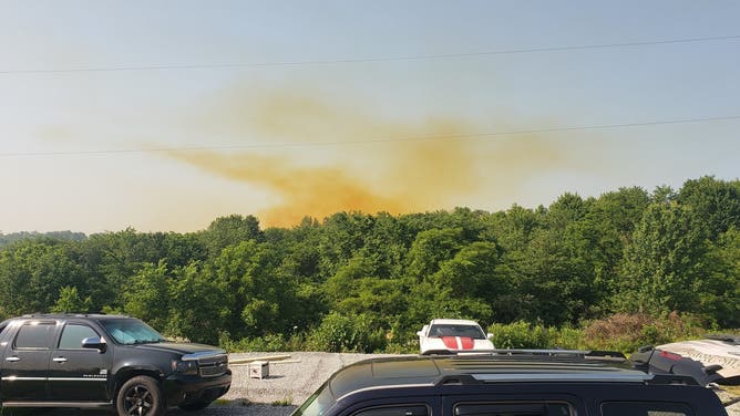 A large brown plume of nitric oxide seen over Vinton County, Ohio after a chemical leak from the Austin Powder Red Diamond facility on June 11, 2025.