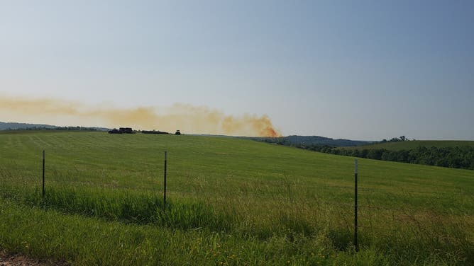 A large brown plume of nitric oxide seen over Vinton County, Ohio after a chemical leak from the Austin Powder Red Diamond facility on June 11, 2025.