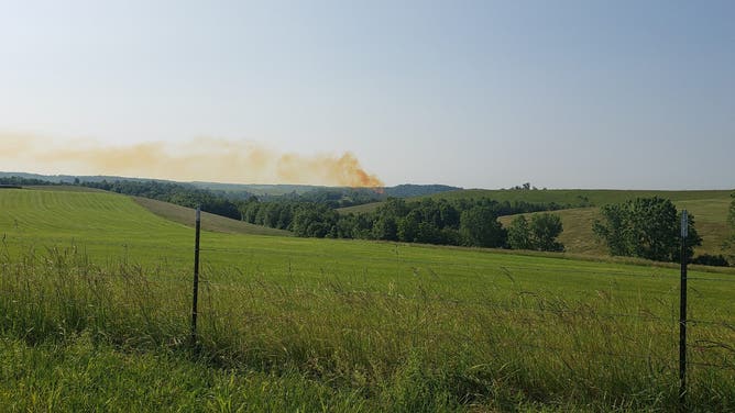 A large brown plume of nitric oxide seen over Vinton County, Ohio after a chemical leak from the Austin Powder Red Diamond facility on June 11, 2025.